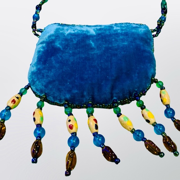 💎 Vintage Beaded Velvet Mini Bag Boho Crossbody Velvet Blue Mermaidcore Purse 💎 - Picture 3 of 5